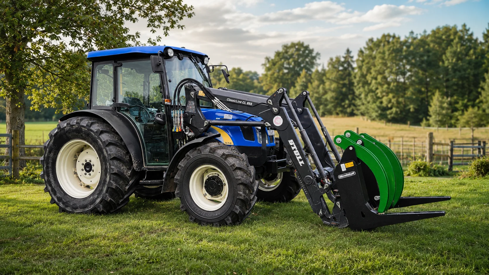 New-Holland-Traktor mit Frontlader und Polterzange für Holz- und Materialbewegung