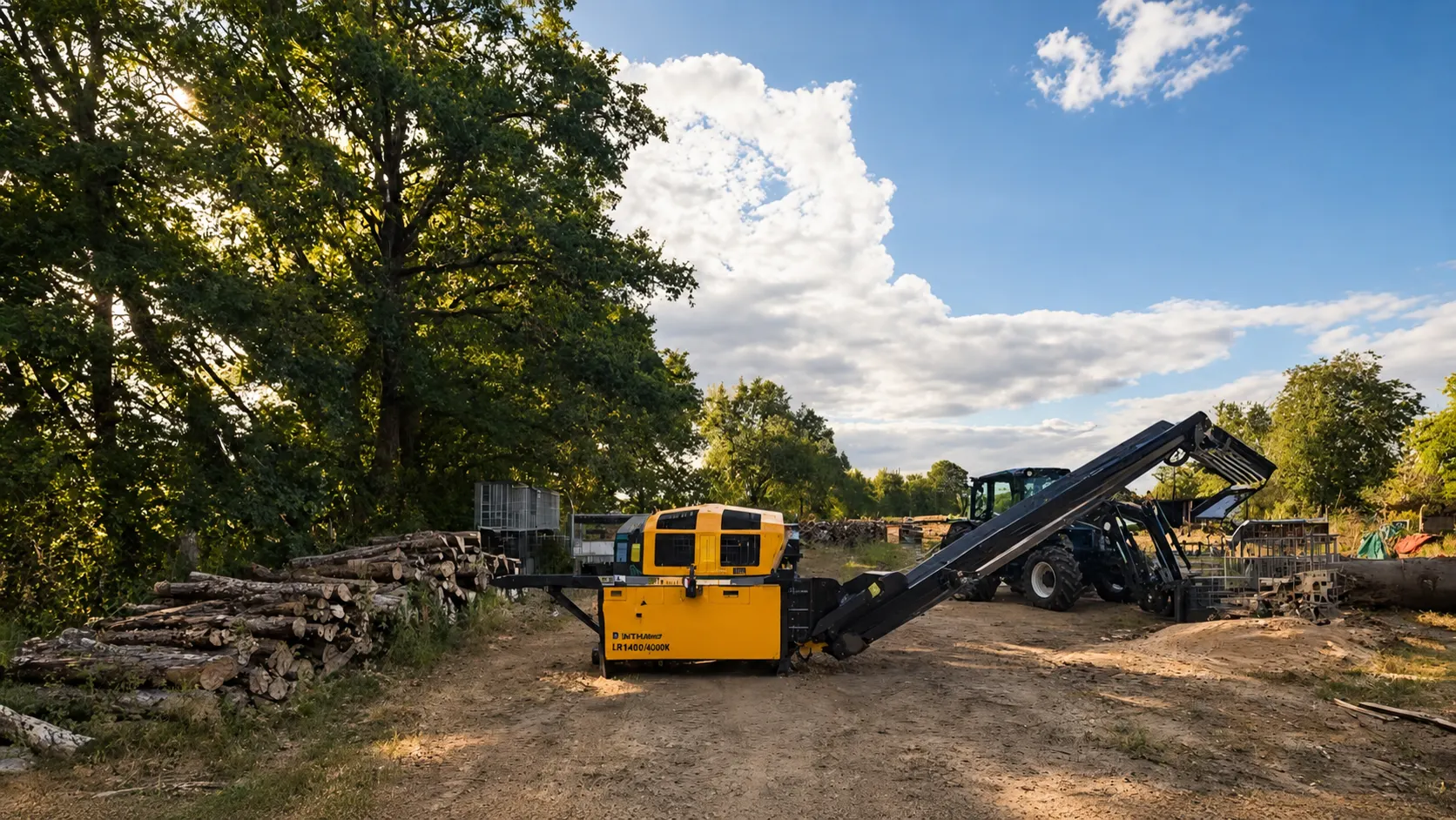 Sägespaltautomat bei der mobilen Brennholzaufbereitung mit Traktor und Stammholz